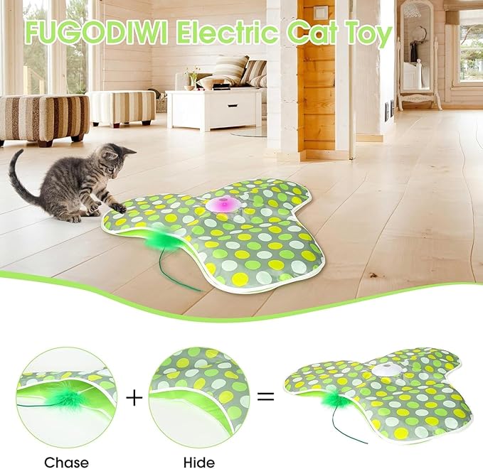 Interactive Cat Toy for Indoor Cats - Automatic Hide & Seek, Motion Activated Feathers, Squeaky Mouse, Touch Activated, USB Rechargeable - Top Bored Cat Toy（Green）