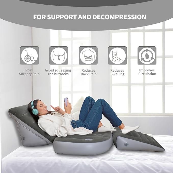 Inflatable 3pcs Bed Wedge Pillow Set Bed with Hole for Back, and Leg Pain Relief - Adjustable Pillows for Acid Reflux, GERD, Sleeping, Sitting - Restful Sleep and Travel Companion (Gray)