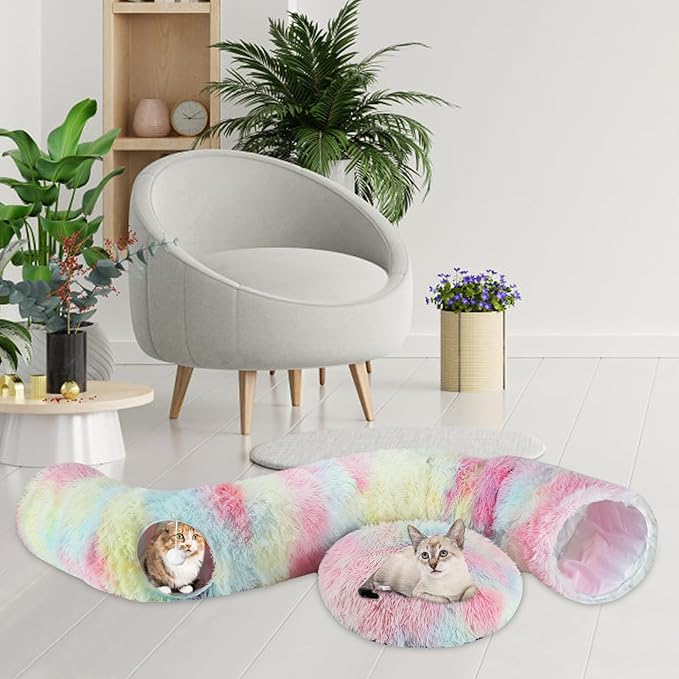 Plush Cat Tunnel Bed for Indoor Cats, Collapsible Cat Donut Tunnel with Central Mat, Fluffy Cats Cave Tube with Hanging Ball for Kitten Rabbit Puppy Ferret (Color)
