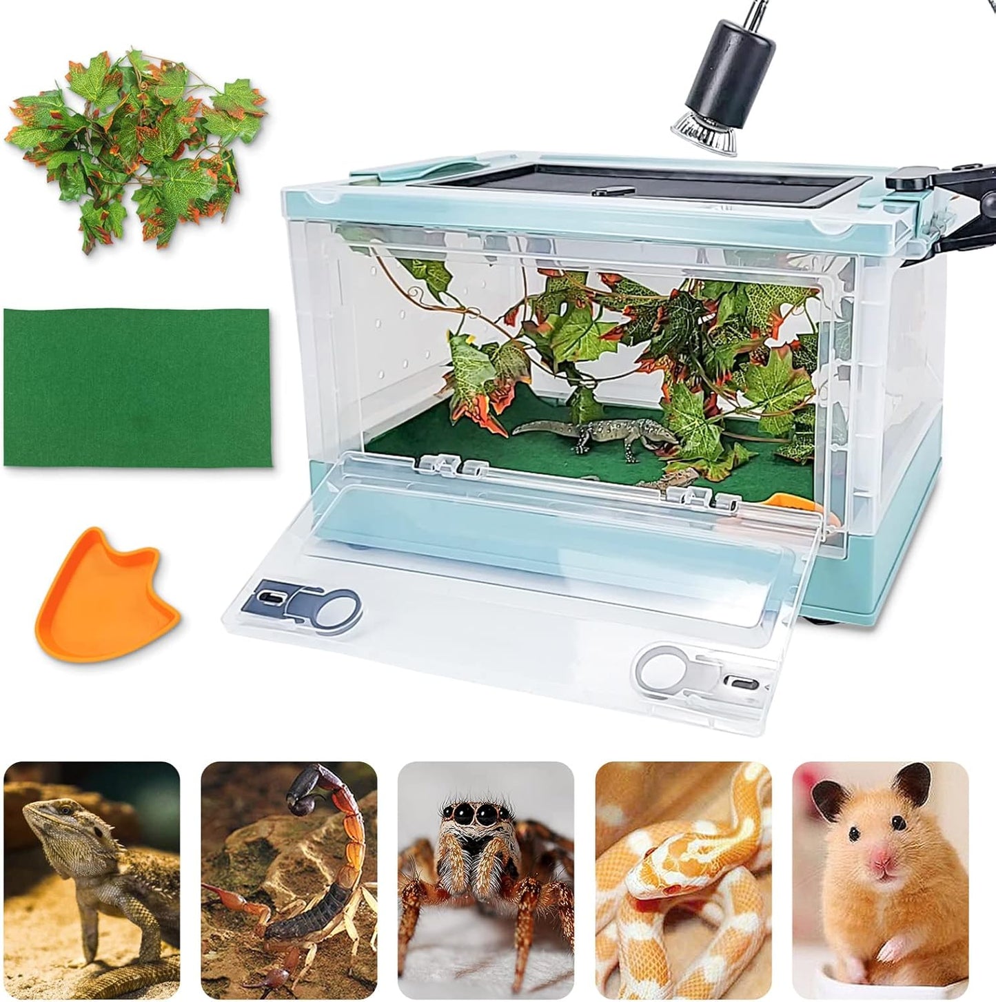 Travel Portable Foldable Terrarium Kits for Reptiles -Heat-Resistant Material, Easy to Move with Wheels, Includes Plant, Feeding Bowl, and Carpet for Snakes, Lizards, Tortoises, and Leopard
