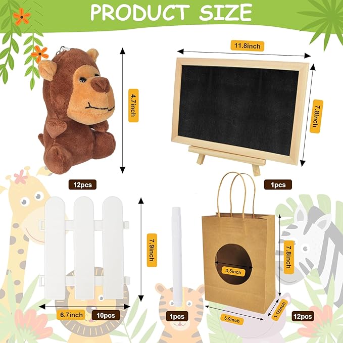 36Pcs Adopt an Animals Party Favors, Mini Safari Stuffed Animals Adopt A Pet Set Includes 12 Jungle Stuffed Animals 12 Kraft Paper Bags 10 White Plastic Fence Mini Chalkboard & Chalk Marker