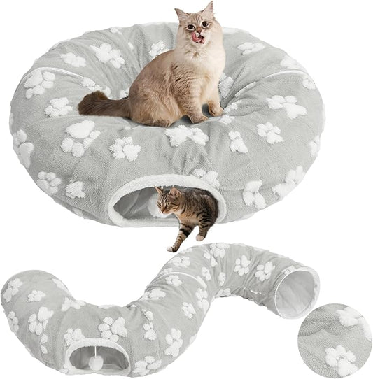 Homimp Cat Tunnel Bed with Central Mat,Large Tube Playground with Plush Ball Toy,Peekaboo Cat Cave with Washable Circle Cushion for Indoor Cats,Pop Up Bed HidePlace for Kitten Puppy Rabbit, Grey Paw