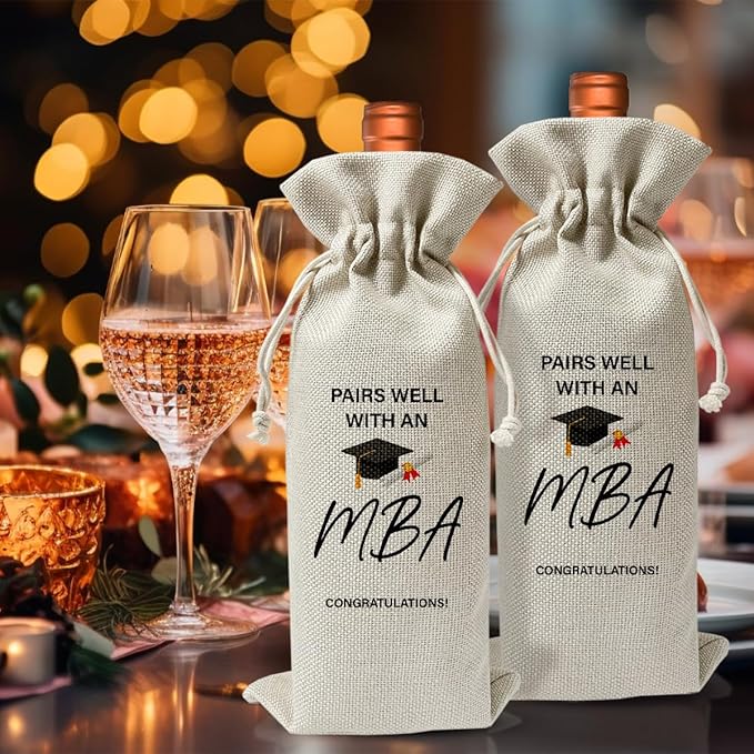 MBA Graduation Gift Wine Bag, Pairs Well With An MBA, Graduation Party Decoration For Master Bachelor Of Management Administration, Thank You Gift Bag For Women, Cotton Linen Burlap Wine Bag