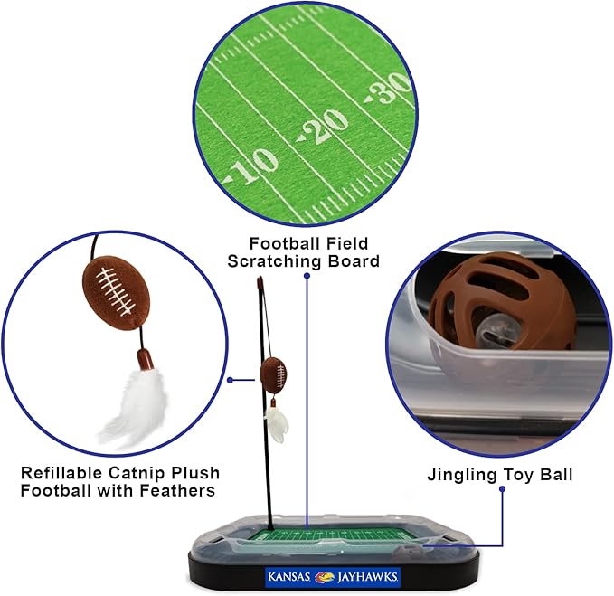 Pets First CAT Scratcher & Plush Football Toy with Catnip, Feather & Jingle Bell Interactive Ball Cat Chasing 5-in-1 Kitty Toy