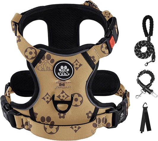 IVY&LANE No Pull Dog Harness with Leash Set, Reflective No Choke Pet Vest,Adjustable Oxford Dog Vest Harness with Easy Control Handle for Small Dogs (Light Brown,S)