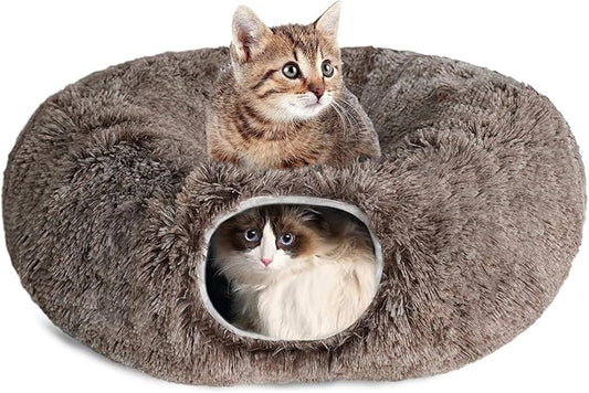 KOMUSMO Cat Tunnel Bed with Central Mat and Hanging Ball Toy, Multifunctional Large Cat Bed Cave Donut for Indoor Cats, Soft Plush Fluffy Collapsible Peekaboo Cave for Small Medium Large Cats Kittens
