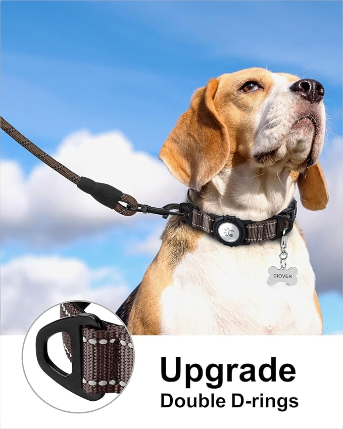 TagME Airtag Dog Collar,Waterproof Reflective Pet Collar with Airtag Holder,Soft Padded and Double D-Rings for Medium Dogs,Brown