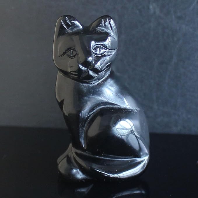 2‘’ Hand Carved Mixed Gemstone Crystal cat Animal Figurine Animal Carving (Black Obsidian)