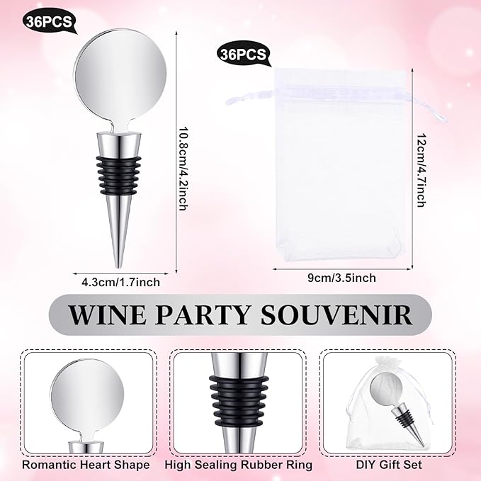 24 Sets Wine Stopper for Wine Bottles Wedding Wine Stopper Champagne Bottle Stoppers Beverage Bottle Stoppers with White Sheer Organza Bags Wedding Party Favor for Guests (Silver)