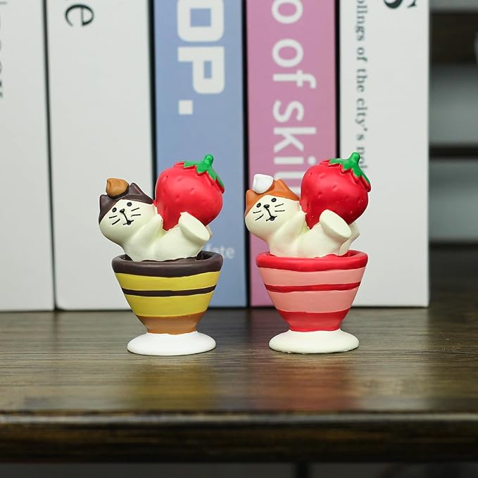 Cute Miniature Cat Figurine Holding a Strawberry on a Cup Resin Mini Cat Figures, Kitten Miniature Desk Accessories - Perfect Cute Cat Gift for Cat Lovers
