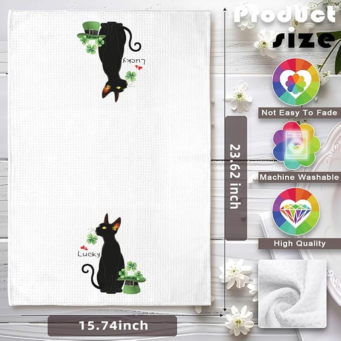 Black Cat Gifts,Shamrock St. Patrick's Day Cat Dish Towels,Cat Kitchen Towels,Cat Hand Towel,Cat Mom Gifts,Gifts for Cat Lovers for Women,Cat Lady Gifts,Crazy Cat Lady Gifts,Black Cat Gifts for Women