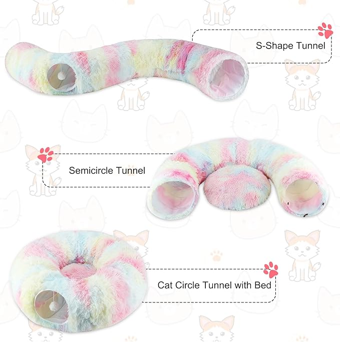 Plush Cat Tunnel Bed for Indoor Cats, Collapsible Cat Donut Tunnel with Central Mat, Fluffy Cats Cave Tube with Hanging Ball for Kitten Rabbit Puppy Ferret (Color)
