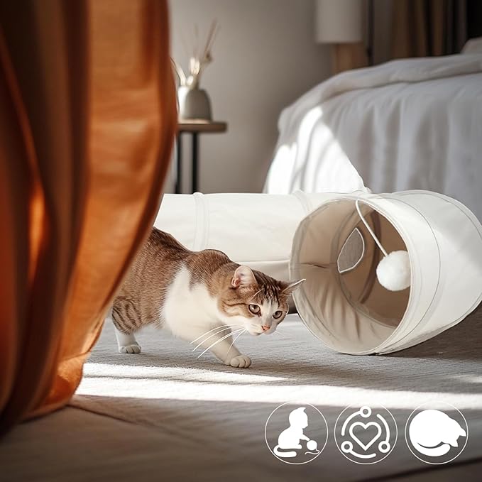 Cat Tunnel, 2-Way Collapsible Cat Tube with Interactive Peek-A-Boo Hole, Toy Ball, and Rope – Ideal for Indoor Cats, Kittens, and Rabbits, Beige