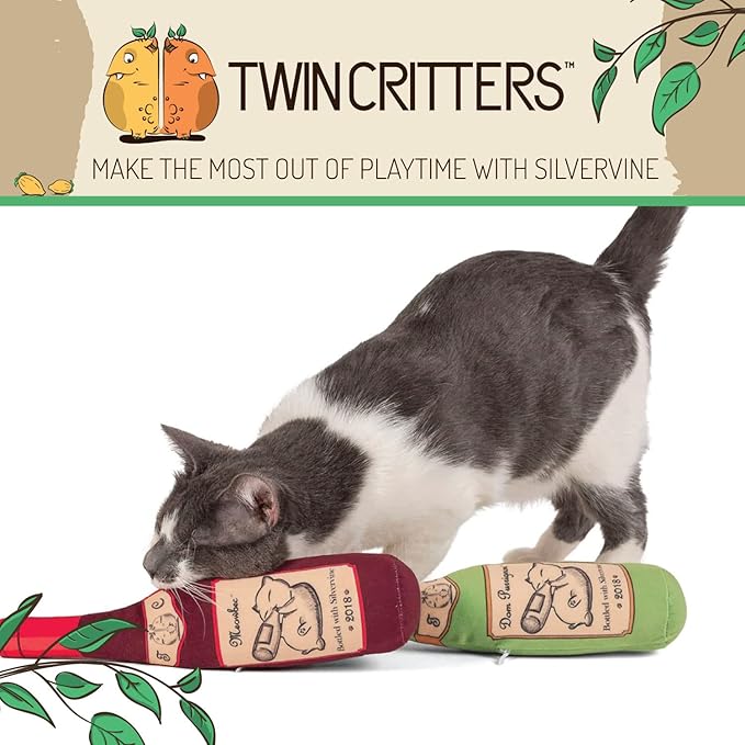 KittiLush 2-Pack Organic Silvervine Catnip Substitute Toys for Cats & Kittens | 100% All-Natural Wild Harvested Silvervine | 2 Refillable Wine Bottle Kicker Cat Toys