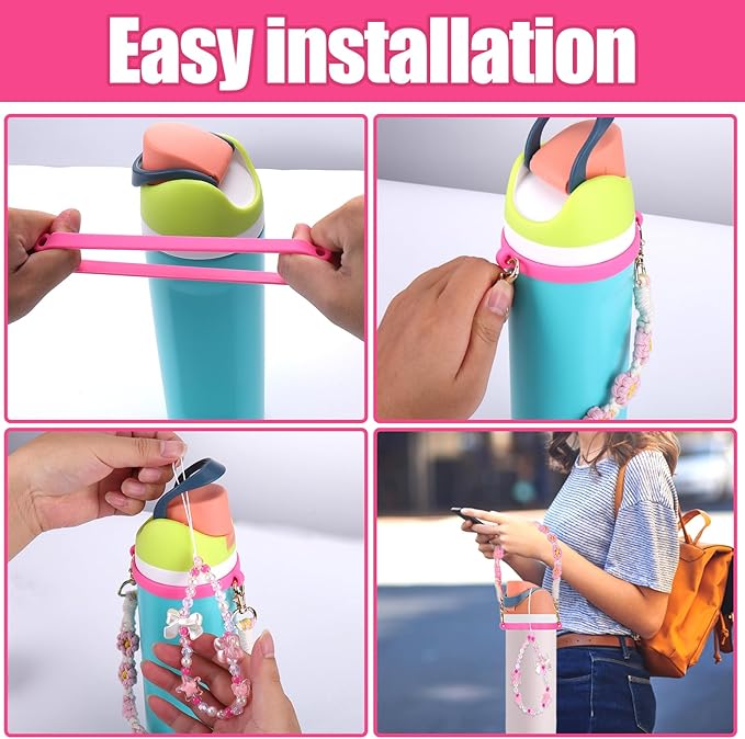 Mity rain Water Bottle Accessories Set for Owala, Including Water Bottle Handle Strap, Charms,Bohemian Style Personality and Easy to Carry (Pink, Universal (not Include Boot))