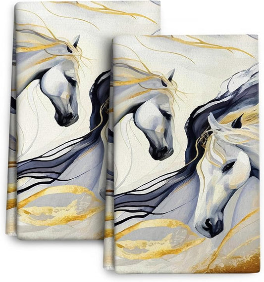 Abstract Horse Dish Towels for Kitchen Drying, Golden Kitchen Towels Decorative Set of 2, Cute Absorbent Hand Dish Cloths for Cooking Baking Bar Bathroom Decor, Gifts for Horse Lovers