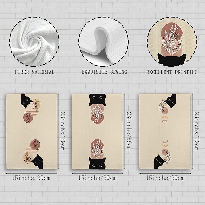 Abstract Boho Botanical Black Cat Kitchen Towels Set of 3, Cat Lover Mom Lady Gifts Decorative Dish Tea Towels, Boho Neutral Mid Century Modern Hand Towels for Bathroom Decor, 16X24In