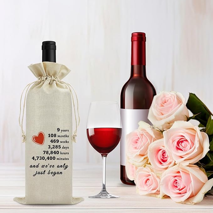 9th Anniversary Wine Bag for Him Her Nine Years Anniversary Wedding Gift for Husband Wife 9 Years Dating Anniversary for Men Women 9 Years of Marriage Gift Birthday Christmas Gift Wine Gift Bag