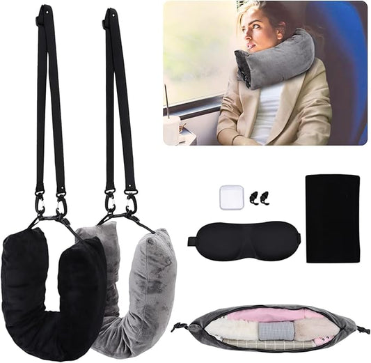2pcs Stuffable Travel Pillow, Black Gray Neck Pillow with Adjustable Straps, Storage Bag Fits 3 Days Travel Essentials, Large Capacity Neck Pillow for Airplanes Traveling
