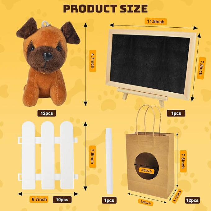 36Pcs Adopt A Puppy Party Favors, Mini Stuffed Animals Adopt A Dog Set Includes 12 Stuffed Dogs 12 Kraft Paper Bags 10 White Plastic Fence Mini Chalkboard & Chalk Marker for Adopt A Pet Party
