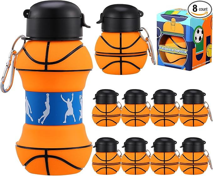 Layhit 8 Pcs Collapsible Basketball Water Bottle 18oz Basketball Cups Gifts for Kids Silicone Portable Leakproof Folding Water Bottle with Hook for Sports School Travel