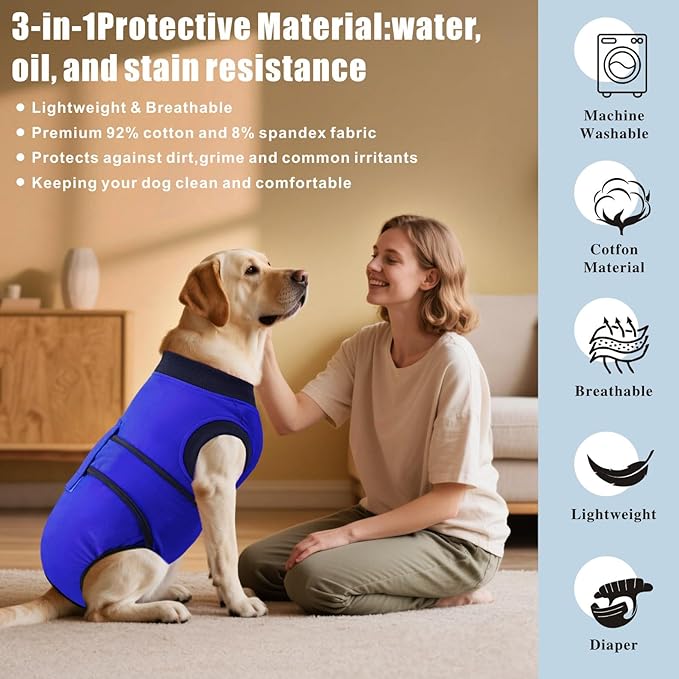 Idepet Dog Recovery Suit Female,Dogs Onesie Suit Surgery Male Breathable Pet Bodysuit for Spay Neuter E-Collar & Cone Alternative Surgical Suit Puppy Abdominal Anti Licking Wounds Shirt (Blue, XS)