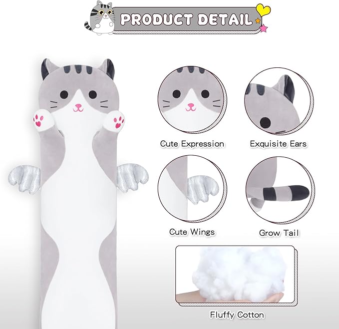 Soft Cat Plush Pillow, Grey Long Cat Stuffed Animals Soft Long Kitten Plushies Kawaii Cat Stuffed Plush Toy for Kids Girlfriend(70cm/27.5inch)