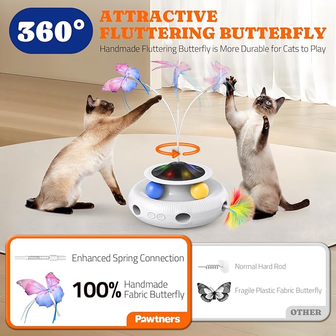 Pawtners Interactive Cat Toy: 4 in 1 Automatic Interactive Kitten Toys for Indoor Cats Rechargeable with Fluttering Butterfly, Track Balls and Ambush Feather