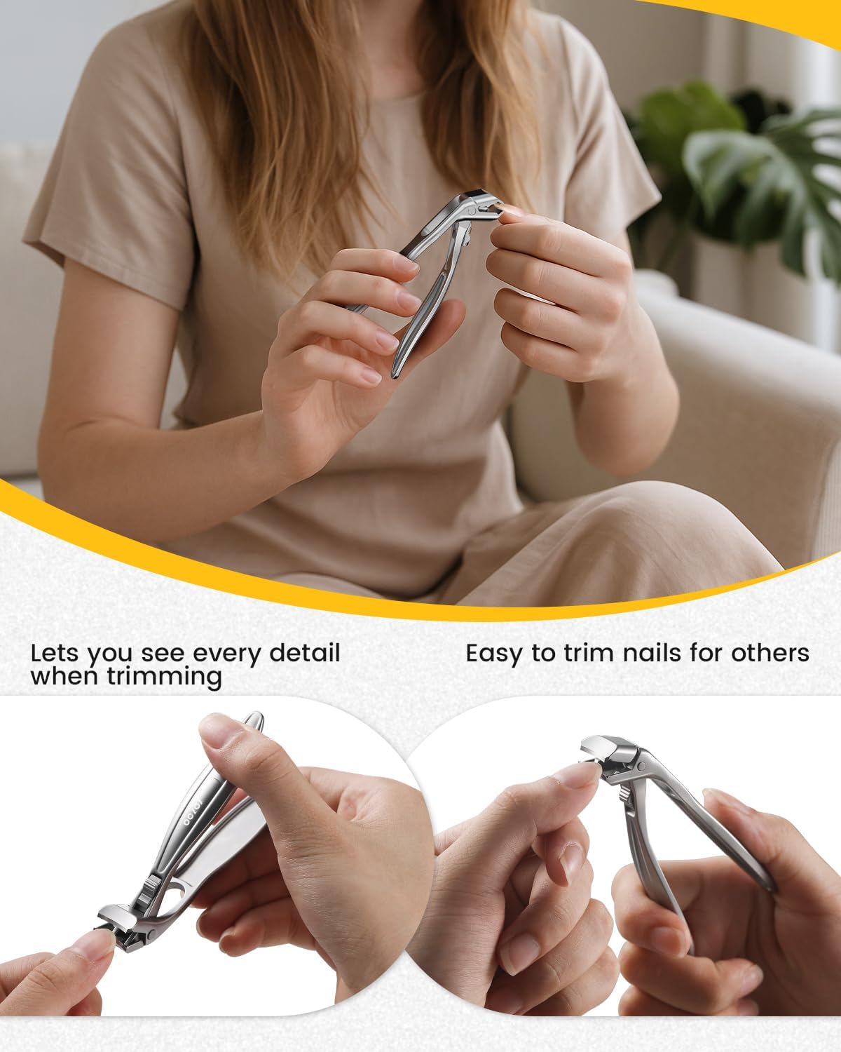 BEZOX Curved Toenail Clippers for Seniors – Safety Lock, Wide Opening, and Anti-Slip Grip Nail Clipper for Thick Nails - Silver