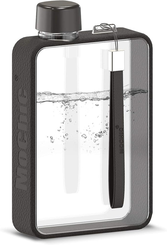 Mochic 13oz Flat Water Bottle - Portable Travel Mug Handbag Slim Cold Plastic Flask | BPA Free A5 Water Bottle Tritan Plastic | Sports, Camping, Gym, Fitness, Outdoor - Leak Proof. 380ml (Black)