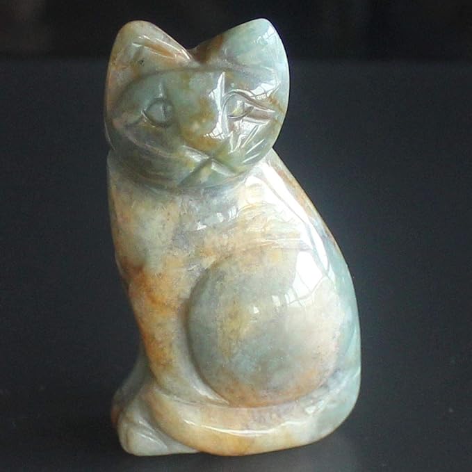 2‘’ Hand Carved Gemstone Crystal Indian Agate cat Figurine Animal Carving