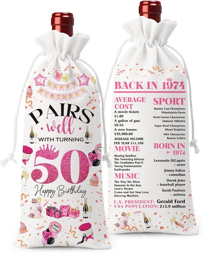 50th Birthday Gifts for Her Him Wine Bag, 50 Year Old Birthday Gifts for Women, 50 Year Old Birthday Party Decorations for Women, Pairs Well with Turning 50 Wine Bag (White Pink)