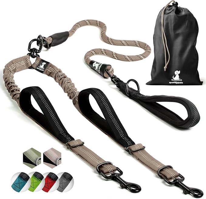 SparklyPets Double Dog Leash for 2 Dogs – Rope Bungee Dual Leash for Medium and Large Breeds with Padded Handles & Tangle Free (Brown, Medium/Large)