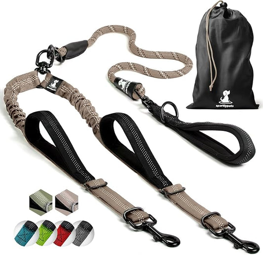 SparklyPets Double Dog Leash for 2 Dogs – Rope Bungee Dual Leash for Medium and Large Breeds with Padded Handles & Tangle Free (Brown, Medium/Large)