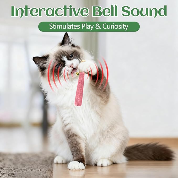 4 Pack Hand-Rolled Catnip Sticks with Chew Rope & Bell -Shaped Cat Toys for Indoor Cats and Kicker Toys, Teething Chew and Play Fun (Pink)