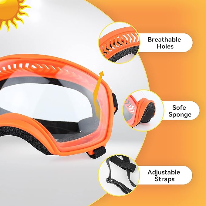 NAMSAN Clear Dog Goggles for Large Dogs, Wide Eyecup & Soft Frame, Anti-UV Sunglasses for Dogs Medium to Large Breed, Driving Dog Eye Protection, Windproof Dustproof, Adjustable, Orange
