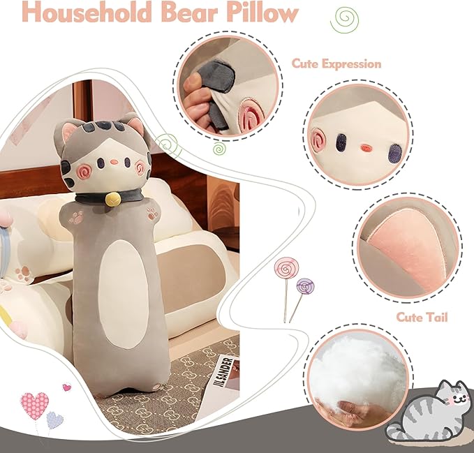 Long Cat Plush Pillow, 51.1inches Cute White Cat Plushie Stuffed Animals Body Pillow, Kawaii Kitten Soft Plushie Doll Toy Birthday Gift for Kids Girlfriend