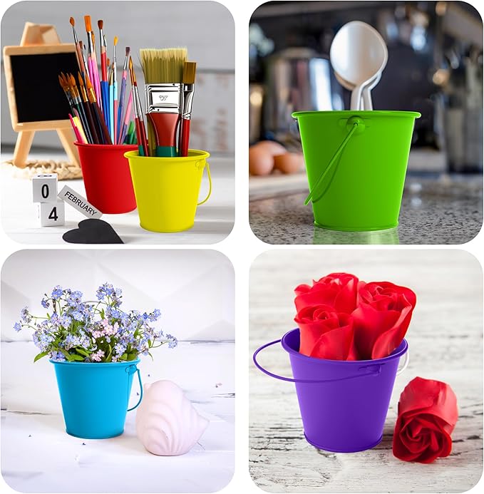 Mini Metal Buckets with Handle 12 Pcs – Galvanized Bucket Leak Proof & Rust Resistant 8 fl oz Capacity - Best for Party Décor, Organizing & Decorating Classrooms (Mini 3.3" Top, Multi)
