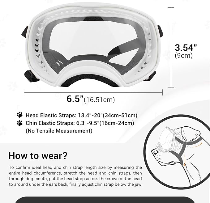 NAMSAN Clear Dog Goggles for Large Dogs, Wide Eyecup & Soft Frame, Anti-UV Sunglasses for Dogs Medium to Large Breed, Driving Dog Eye Protection, Windproof Dustproof, Adjustable, White Frame
