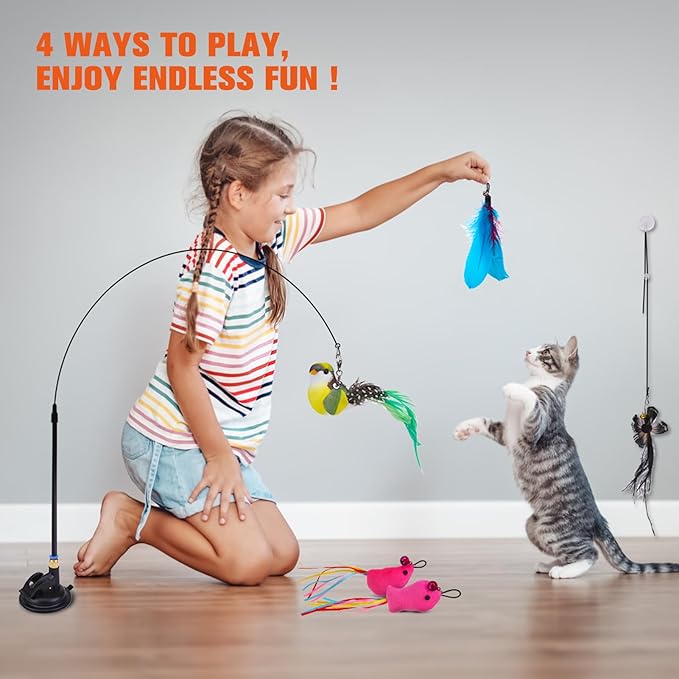 PAWCHIE Cat Toy,Interactive Cat Feather Toy,Suction Cup Cat Bird Simulation Toy Set,Self Play Cat Kitten Toys for Indoor，Cat Wand Toy 10 PCS Cat Feather Replacement Toys,Hanging String and Mouse Toy