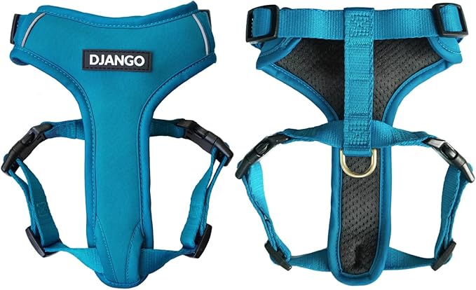 DJANGO Adventure Dog Harness - Stylish & Durable Large Dog Harness for Outdoor Adventures and Everyday Wear - Pacific Blue Neoprene Adjustable Harness for Dogs with Reflective Piping, Brass D-Ring