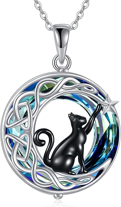 925Sterling Silver Moon Black Cat Necklace for Women Tree of Life Cat Jewelry for Women Abalone Necklace for Cat Lover Birthday