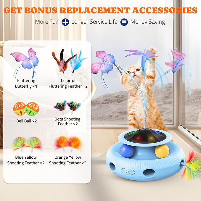 Interactive Cat Toy: 4 in 1 Automatic Cat Toy for Indoor Cats, Self Play Kitty Toy with Fluttering Butterfly, Track Ball and Feather Pack, Blue