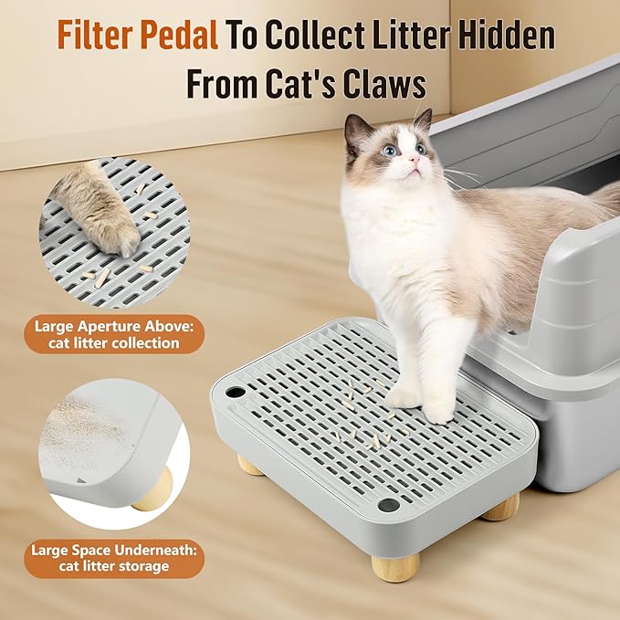Cat Litter Box Step Ramp, Cat Litter Catcher Mat with Wooden Feet, Filter Function, Cat Pedal Stool for Self-Cleaning Cat Litter Box, Ideal for Kitten & Elderly Cats (Light Grey)