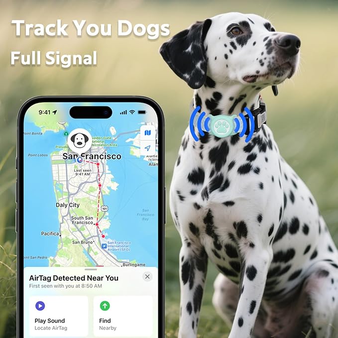 Dog Collar with Waterproof AirTag Holder & Anti-Lost QR Code, Cute Bling Warpping Adjustable Width for Small Medium Large Pet (Light Blue, L)