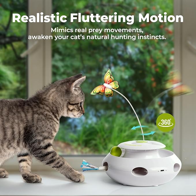 ALL FOR PAWS 3 in 1 Interactive Cat Butterfly Flutter Toy with Rolling Balls, Poping Feather Toy Automatic Kitten Spinner Toys, Mental Stimulation for Indoor Cats, USB Rechargeable Kitty Toys