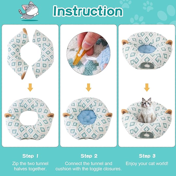 Cat Tunnel Bed with Soft Cushion, Cat Donut Tunnels for Indoor Cats, Peekaboo Cat Cave Toy, Multifunctional Playground Toys for Kittens, Rabbit, Blue Jacquard Pattern