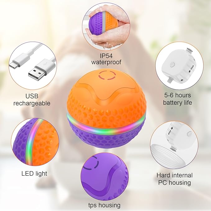 Interactive Dog Toys Ball, Automatic Rolling Toy, Lively pet Ball for Medium/Large Dogs to Relieve Boredom, Activated Automatic Motion Dog Balls Toy with LED Flash, USB Rechargeable (Orange+Purple)