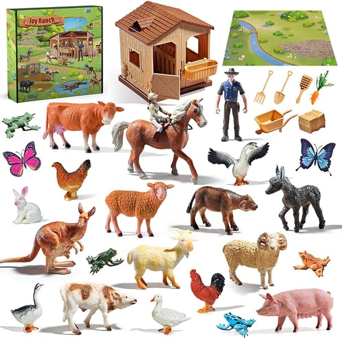Farm Animal Toys for Toddlers 3-5-7 Kids, 24 Realistic Animal Figures Including 1 Stable and Props, Play Mat, Zoo Toy Animals Figurines, Playset for Boys and Girls Birthday