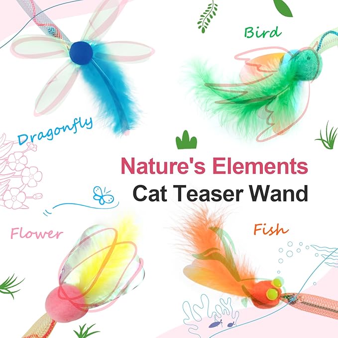 SONGWAY Cat Rainbow Wand Toy - Rainbow Cat Feather Toys with Bells, Colorful Mesh Teaser Wand with Feather Tail, Interactive Toys for Indoor Cats Kittens, Mixed Colors